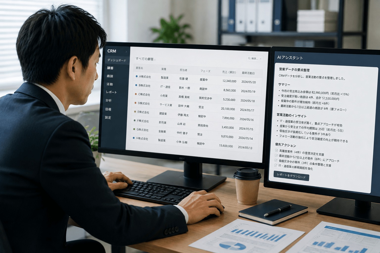 複数のCRM顧客情報を確認しながらAIで営業データを整理する担当者