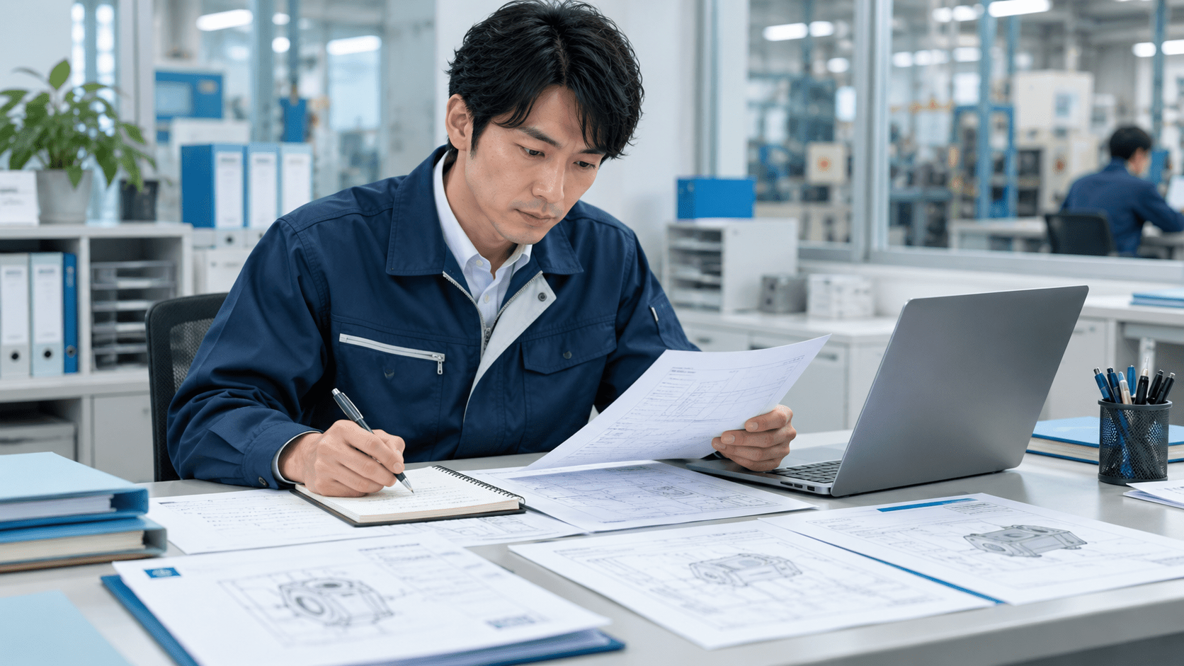 顧客の旧仕様資料と変更依頼を確認し比較項目を整理する製造業の担当者