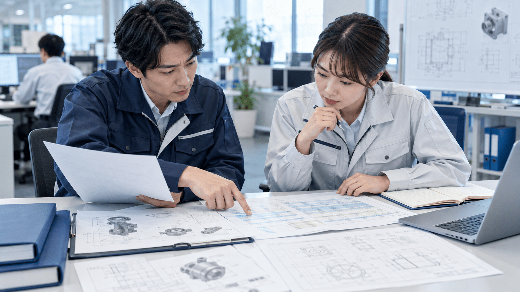 AIで整理した仕様変更の比較結果と元の仕様資料を照合する設計担当者と製造担当者