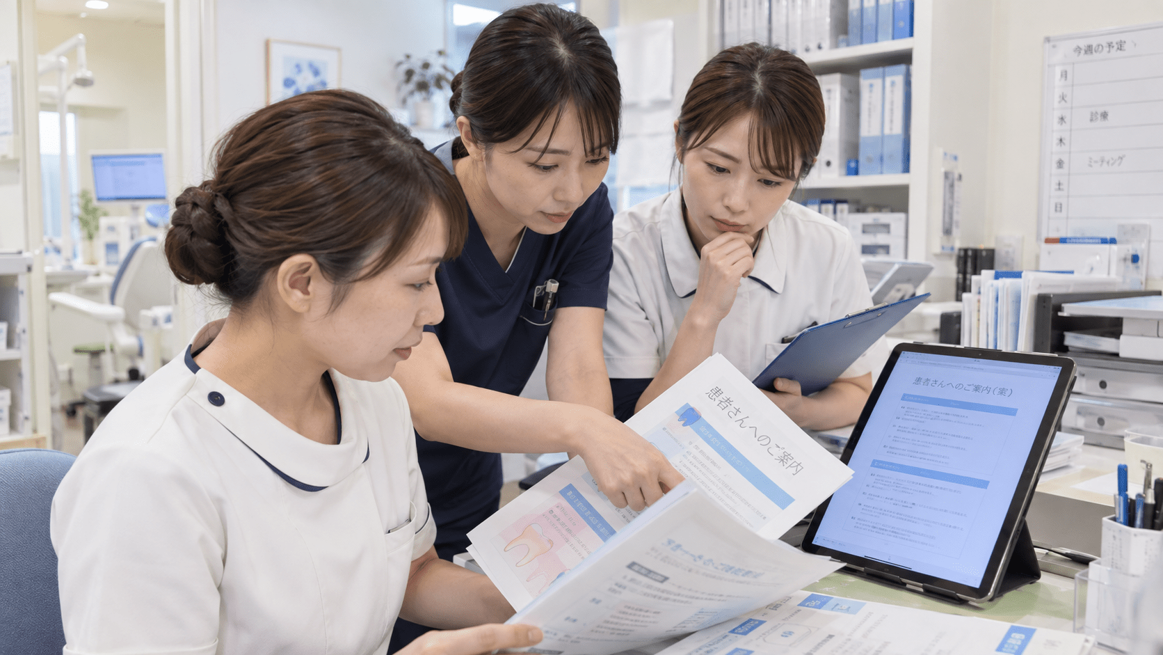 生成AIで整理した患者案内文を歯科医院スタッフが院内資料と照合して確認する様子
