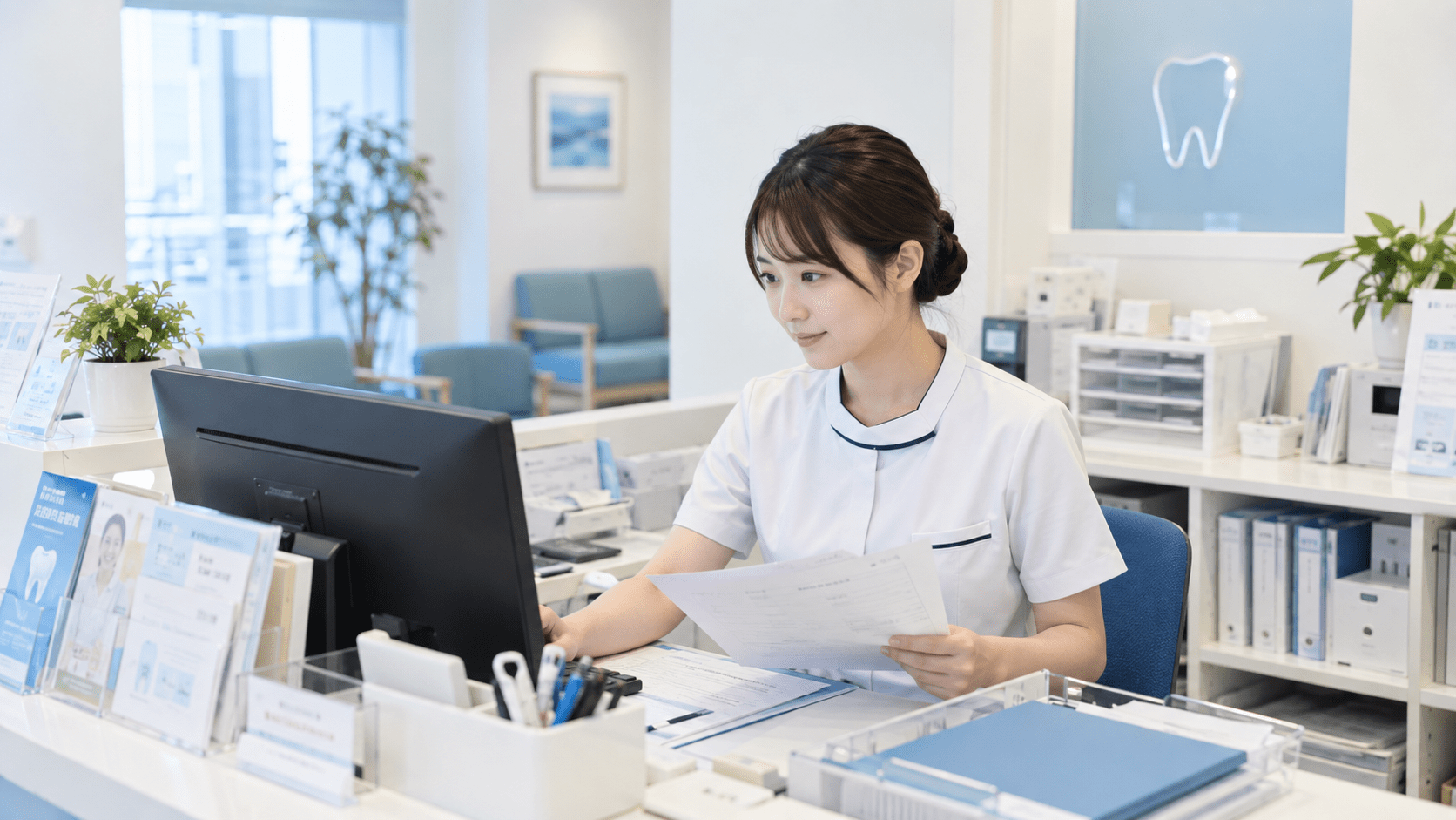 歯科医院の受付スタッフが患者案内文や事務文書をパソコンで整理している様子