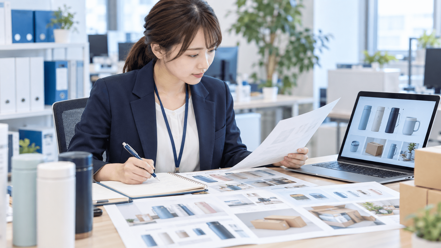 EC担当者がまとめ買いの問い合わせ内容と商品資料を照らし合わせる様子