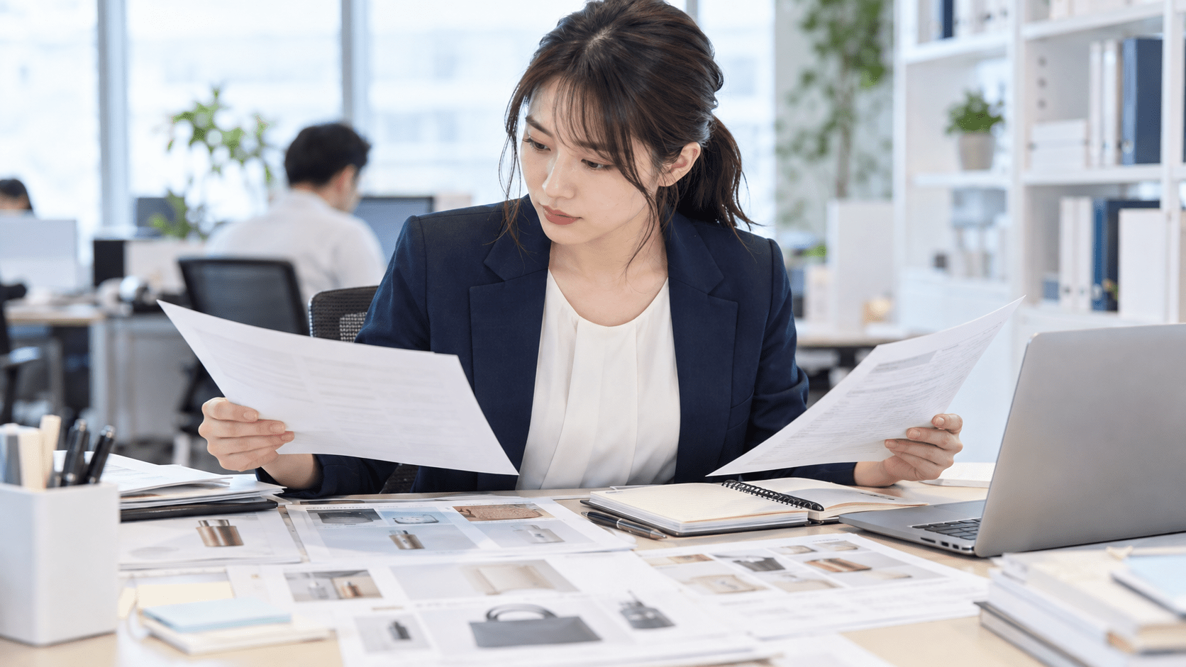 EC担当者が購入前の問い合わせ記録と商品資料を見比べてFAQ候補を整理する様子