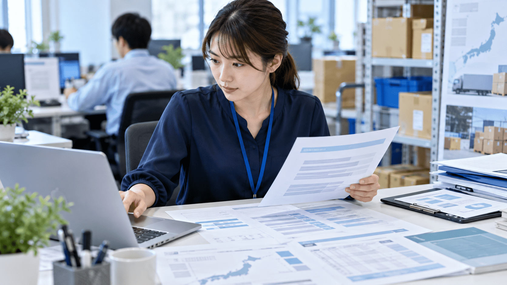 EC担当者がAIで作成した配送遅延の案内文と最新の配送資料を照合する様子