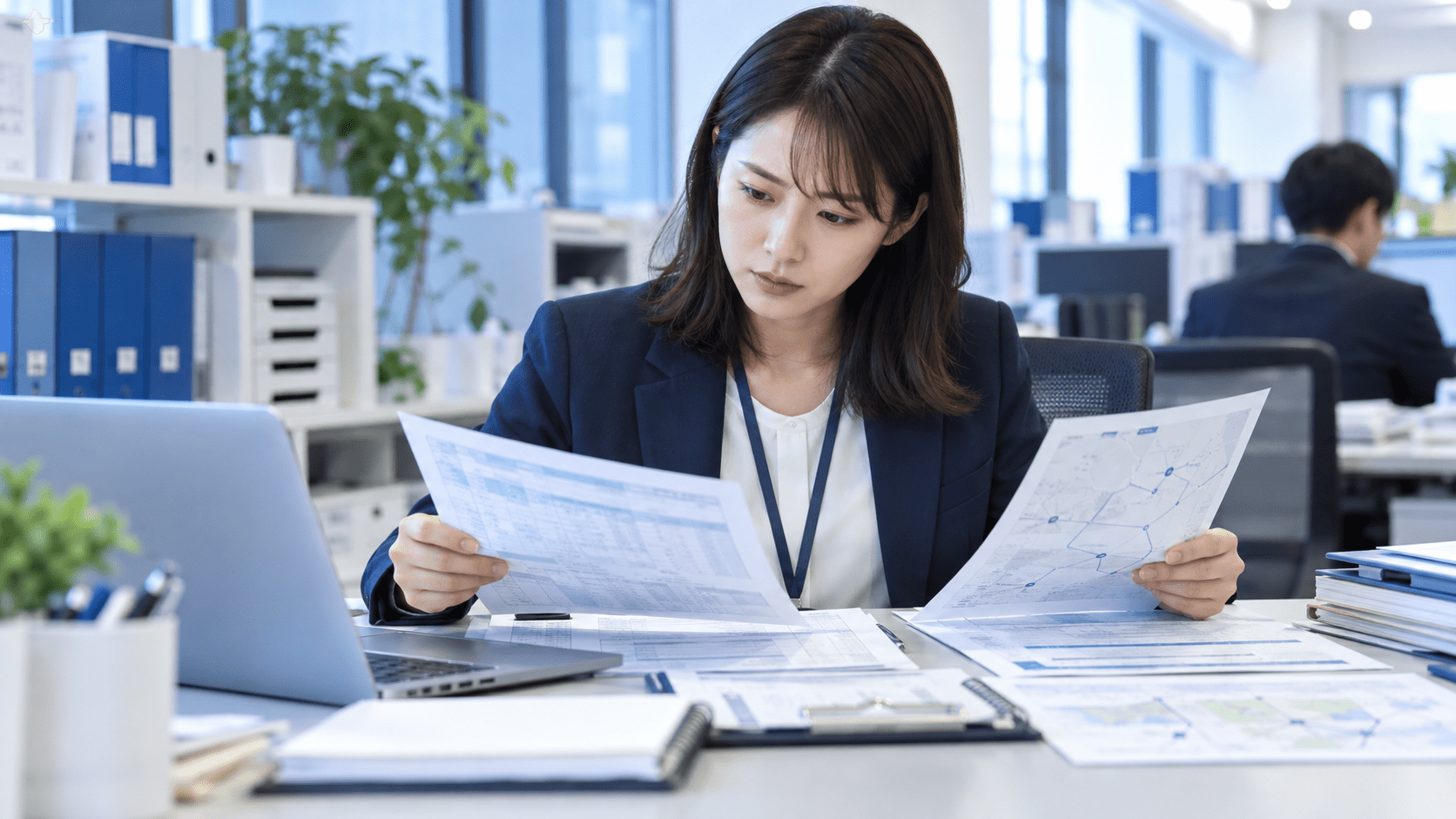 EC担当者が注文情報と配送会社の追跡資料を照らし合わせて配送遅延の状況を確認する様子