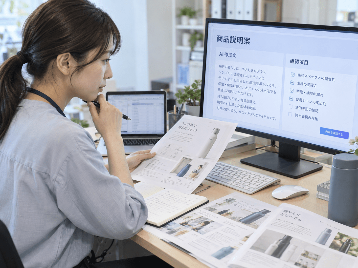 生成AIで作成したEC向け文章を商品資料と照合して確認する担当者