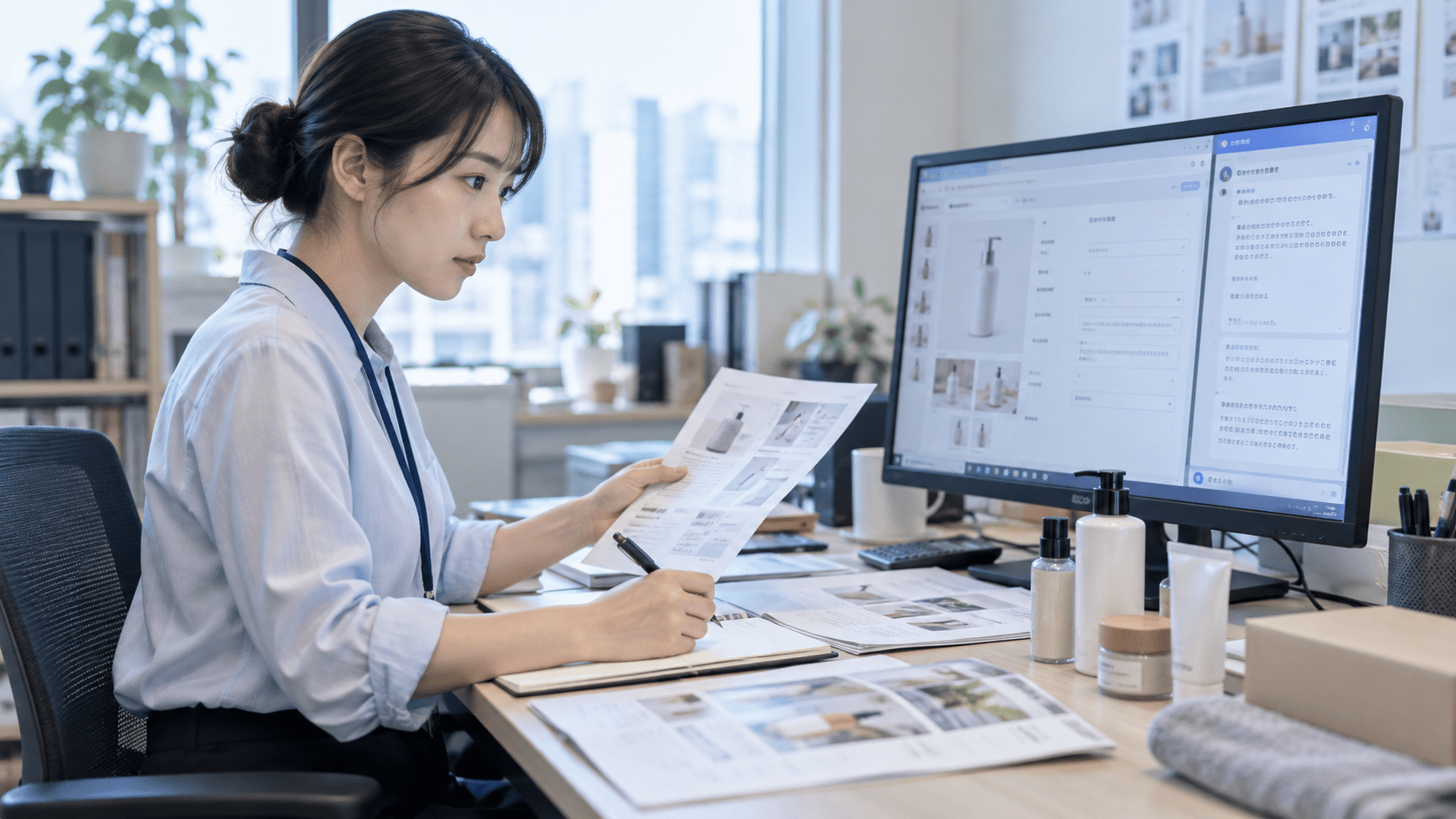商品資料とパソコンを確認しながらECの商品説明文を整理する担当者
