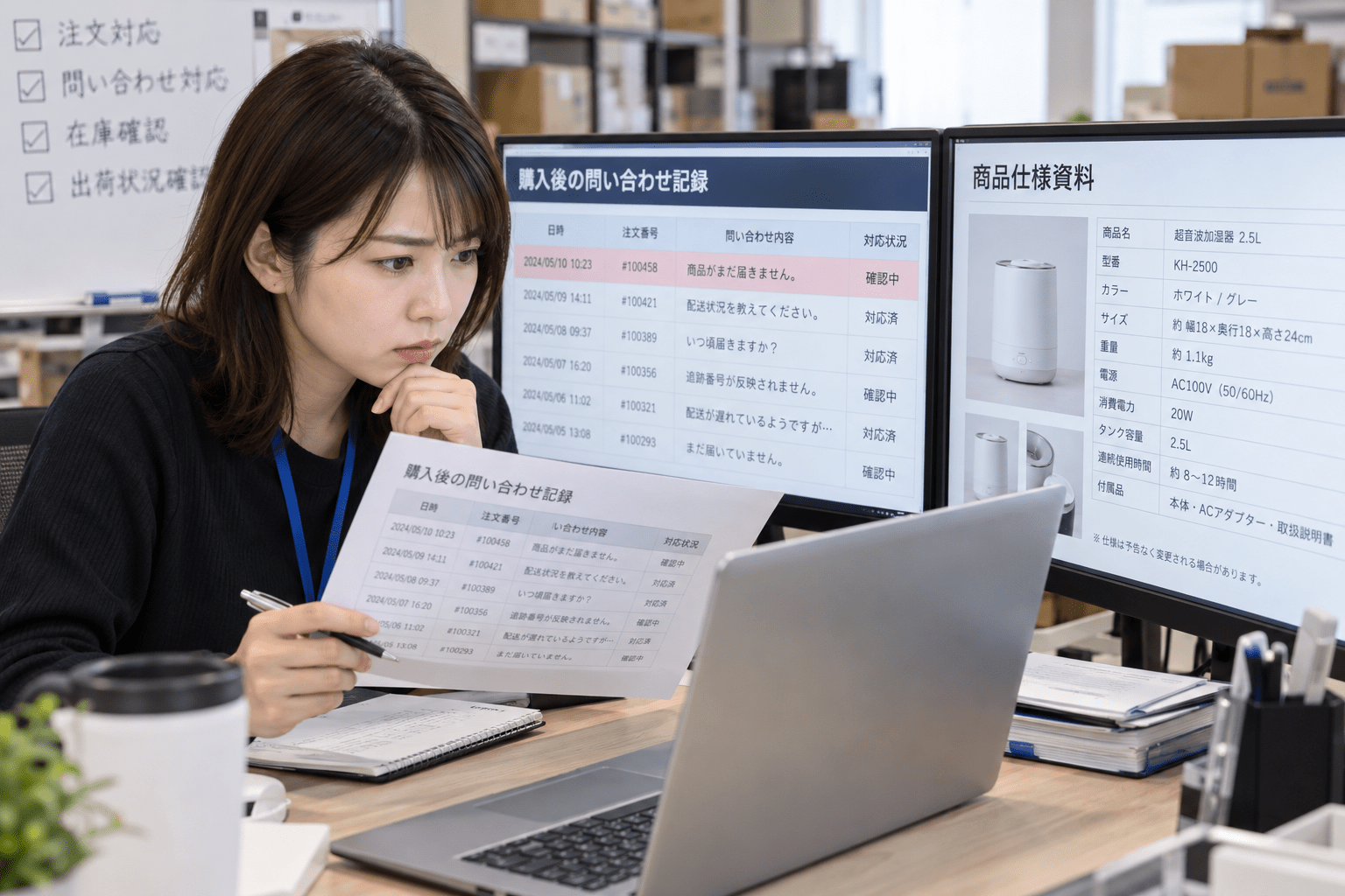 EC担当者が購入後の問い合わせ記録と商品仕様資料を照らし合わせて確認する様子