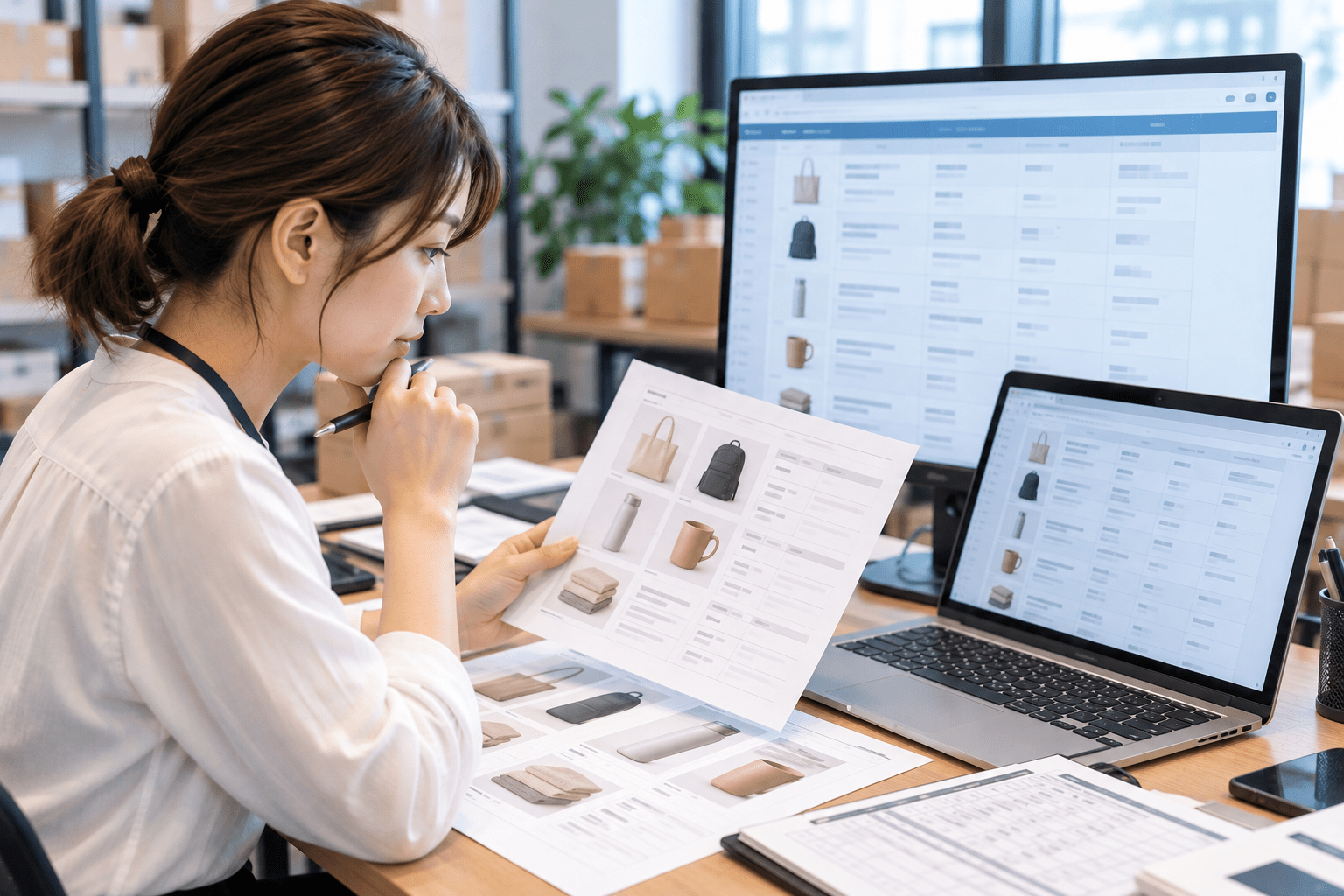 EC担当者がAIによる商品データの整理結果と元の資料を照合する様子