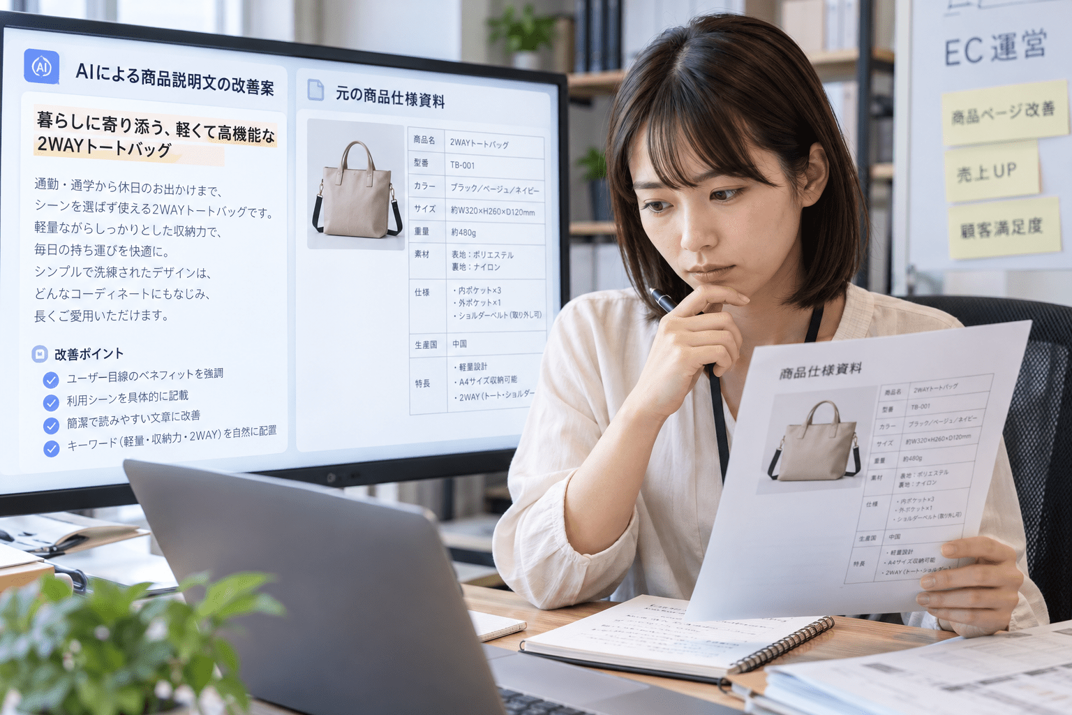 EC担当者がAIで作成した商品説明文の改善案と元の商品仕様資料を照合する様子