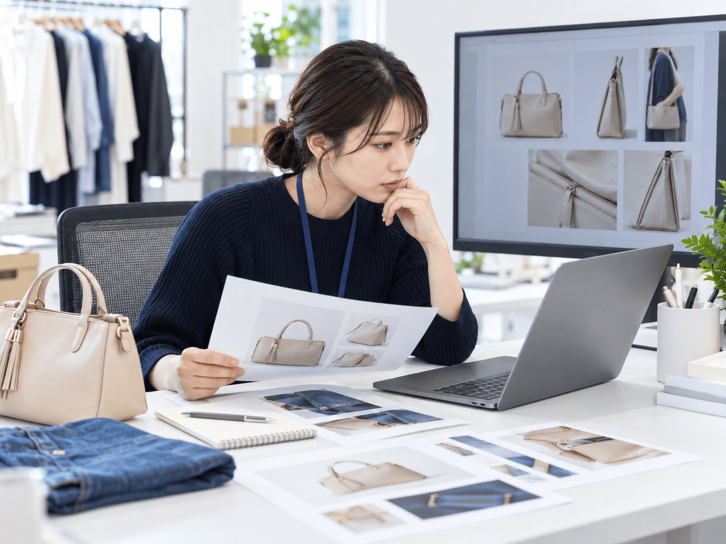 EC担当者がAIの代替テキスト案と商品画像や仕様資料を照合する様子