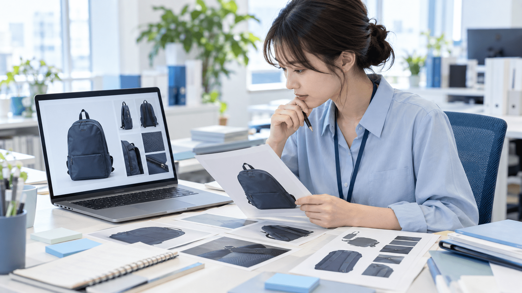 EC担当者が商品画像と商品仕様資料を並べて特徴を確認する様子