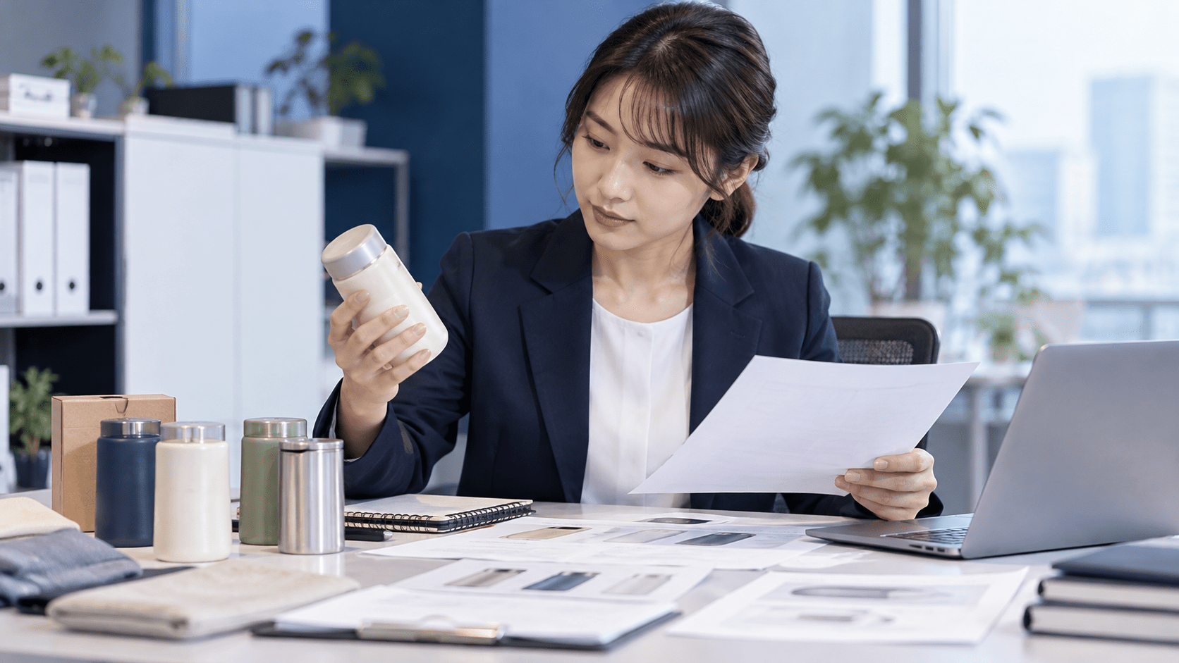 EC担当者が商品サンプルと仕様資料を確認し商品説明に必要な情報を整理する様子