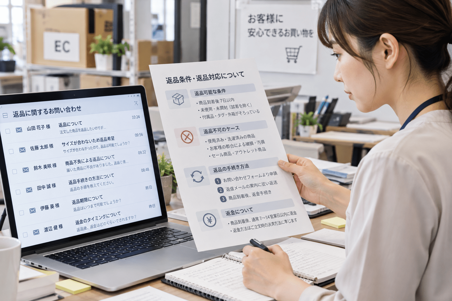EC担当者が返品問い合わせと返品条件資料を並べて整理する様子