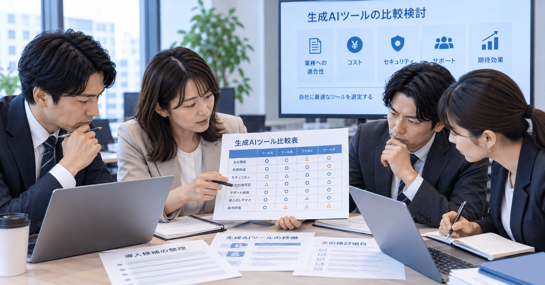複数の担当者が生成AIツールの比較資料を確認し導入候補を整理している様子