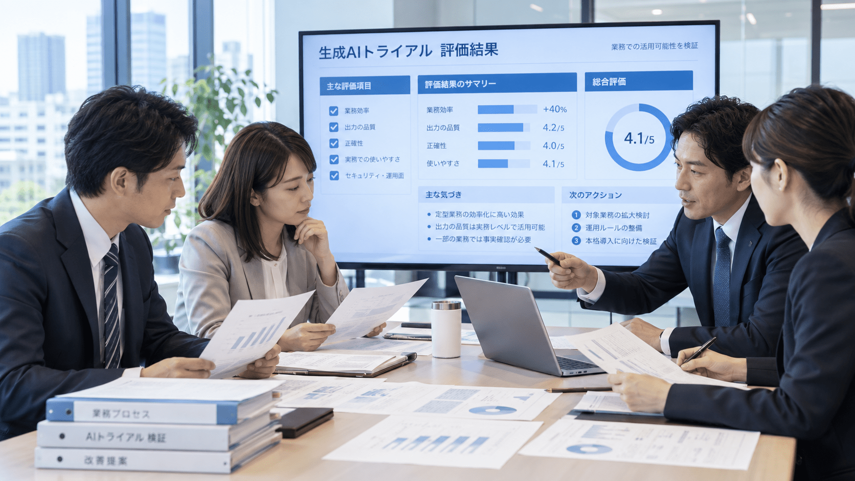 生成AIツールを実際の業務資料で試し評価結果を確認する企業チーム