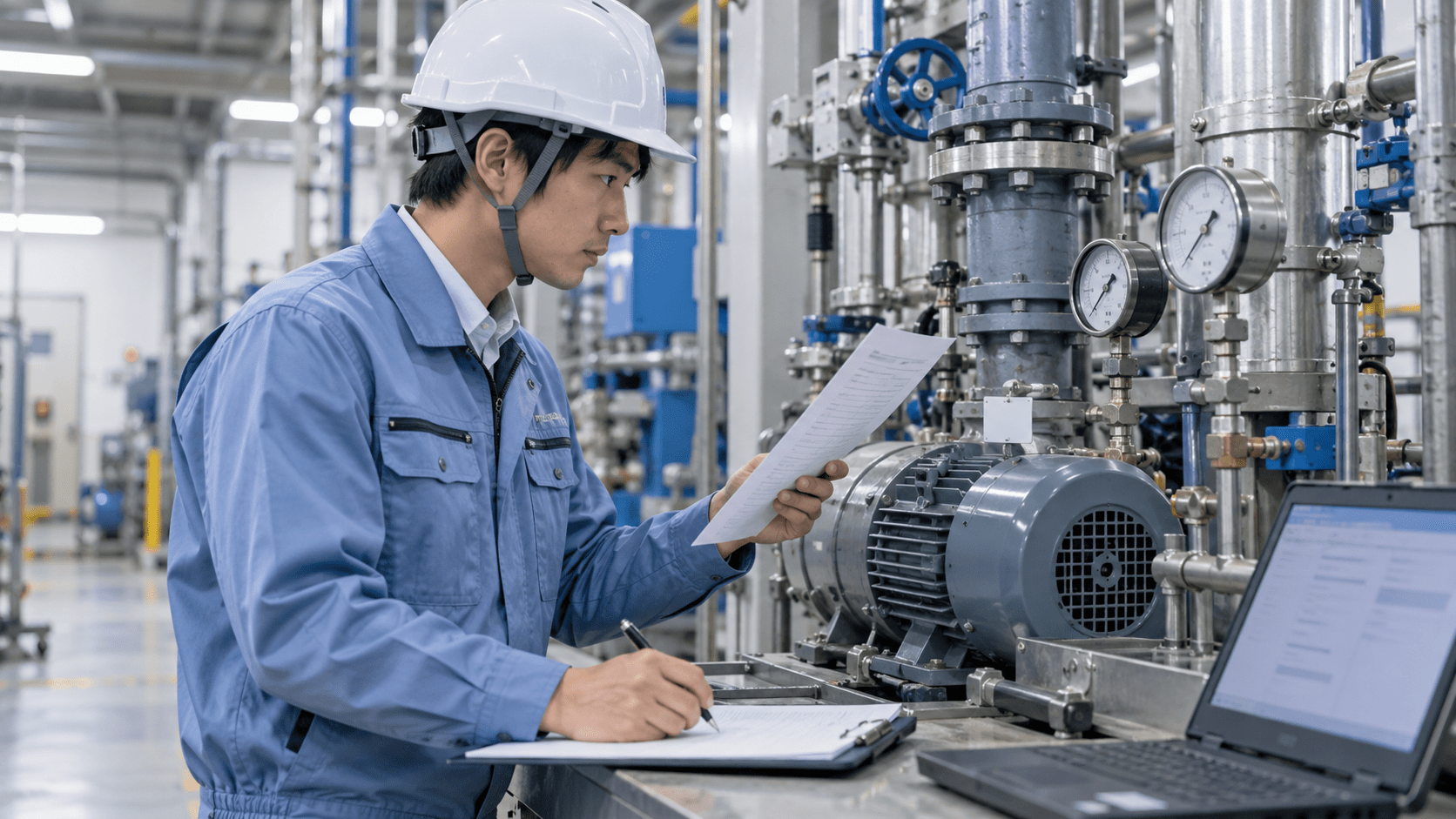 設備点検メモと設備を確認し保全報告に必要な情報を整理する現場担当者