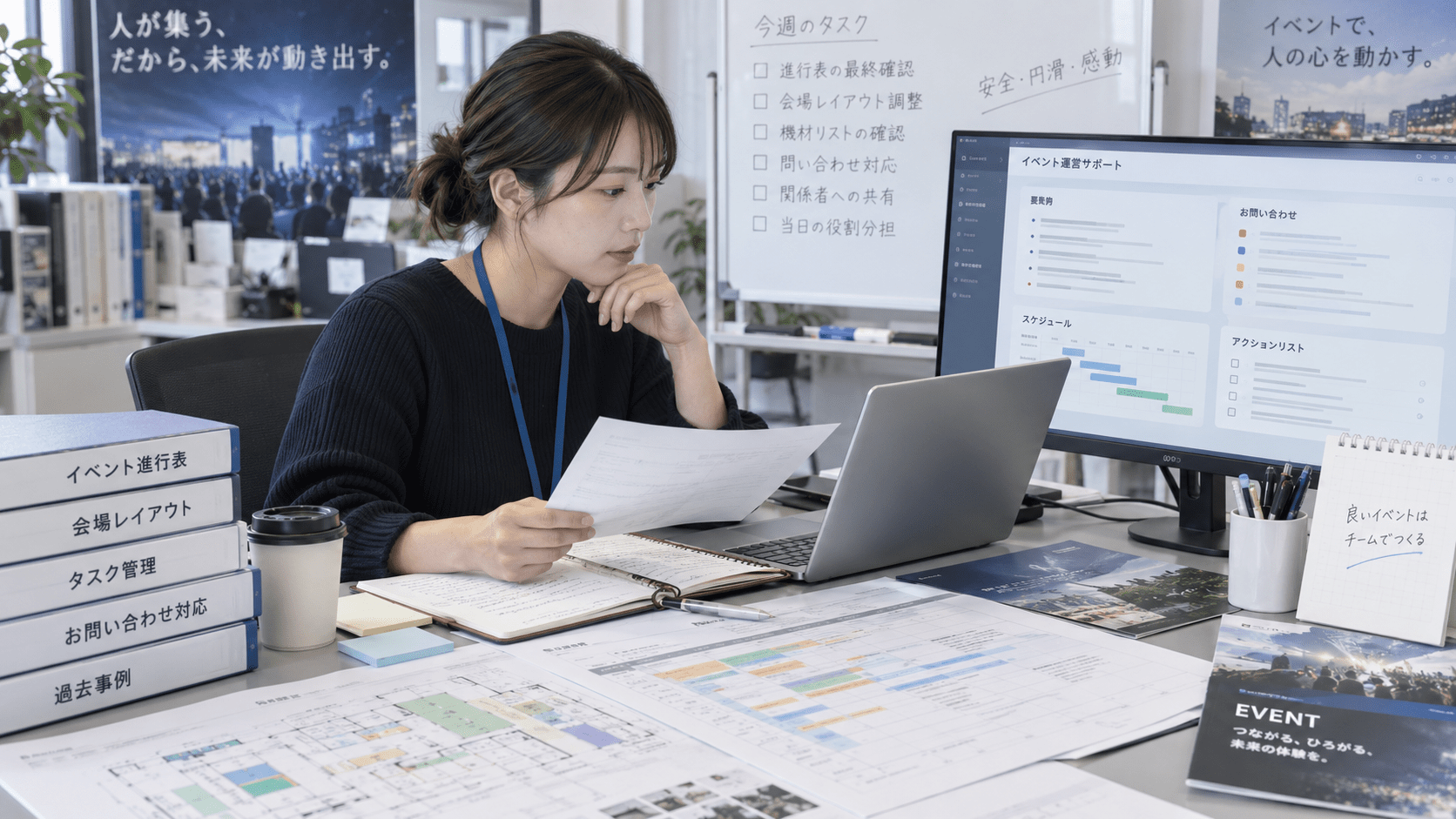 イベント運営会社の担当者が進行資料と問い合わせ内容を確認しながら生成AIで情報を整理している様子