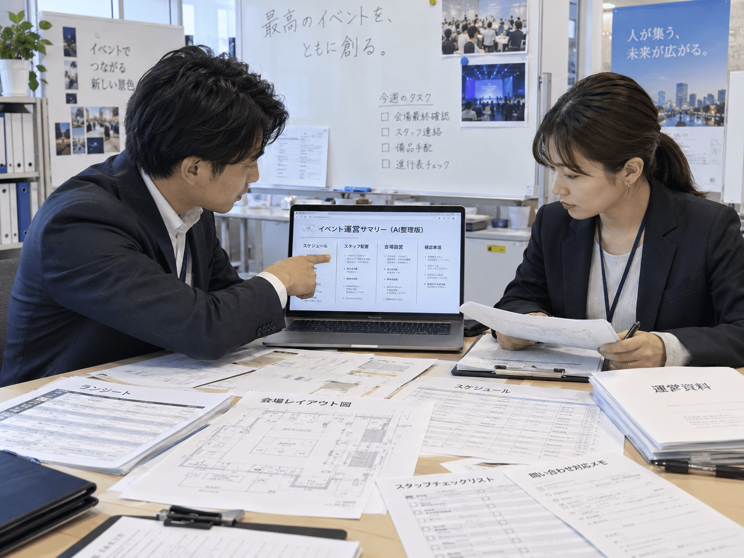 イベント運営会社の担当者と責任者が生成AIで整理した運営資料を元資料と照合して確認している様子