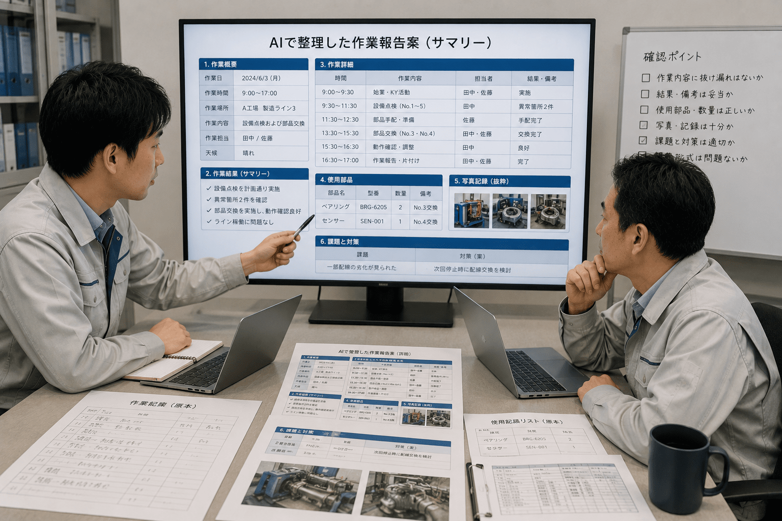 AIで整理した作業報告案を担当者と責任者が確認している様子