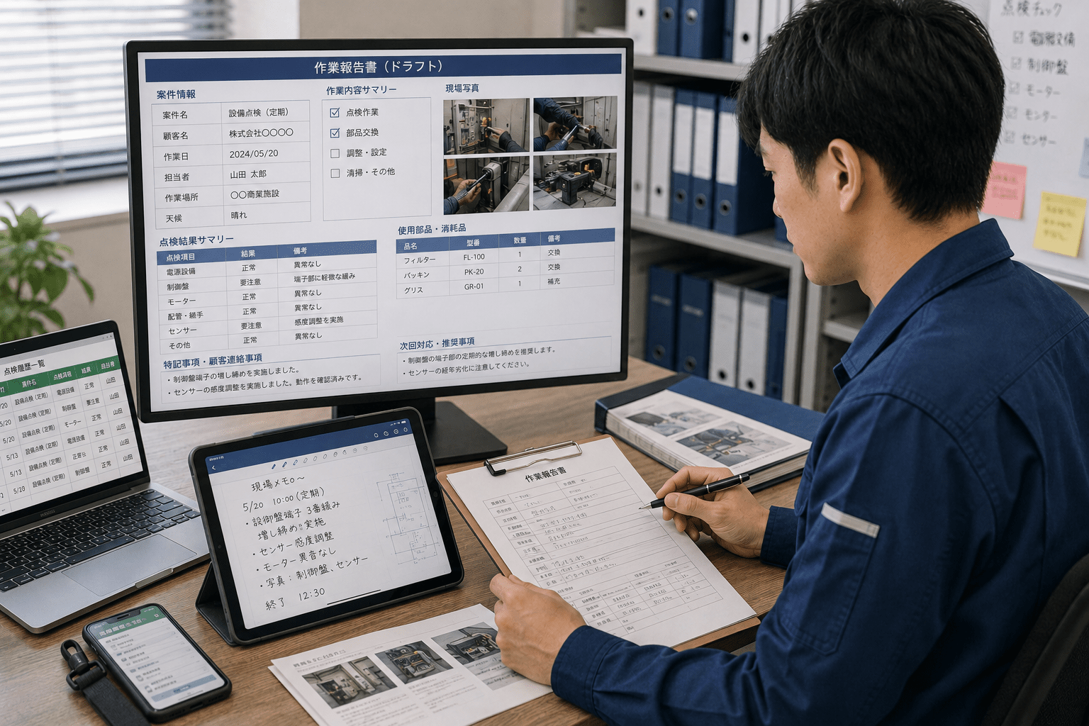 現場メモと点検情報を確認しながら作業報告書を整理するフィールドサービス担当者