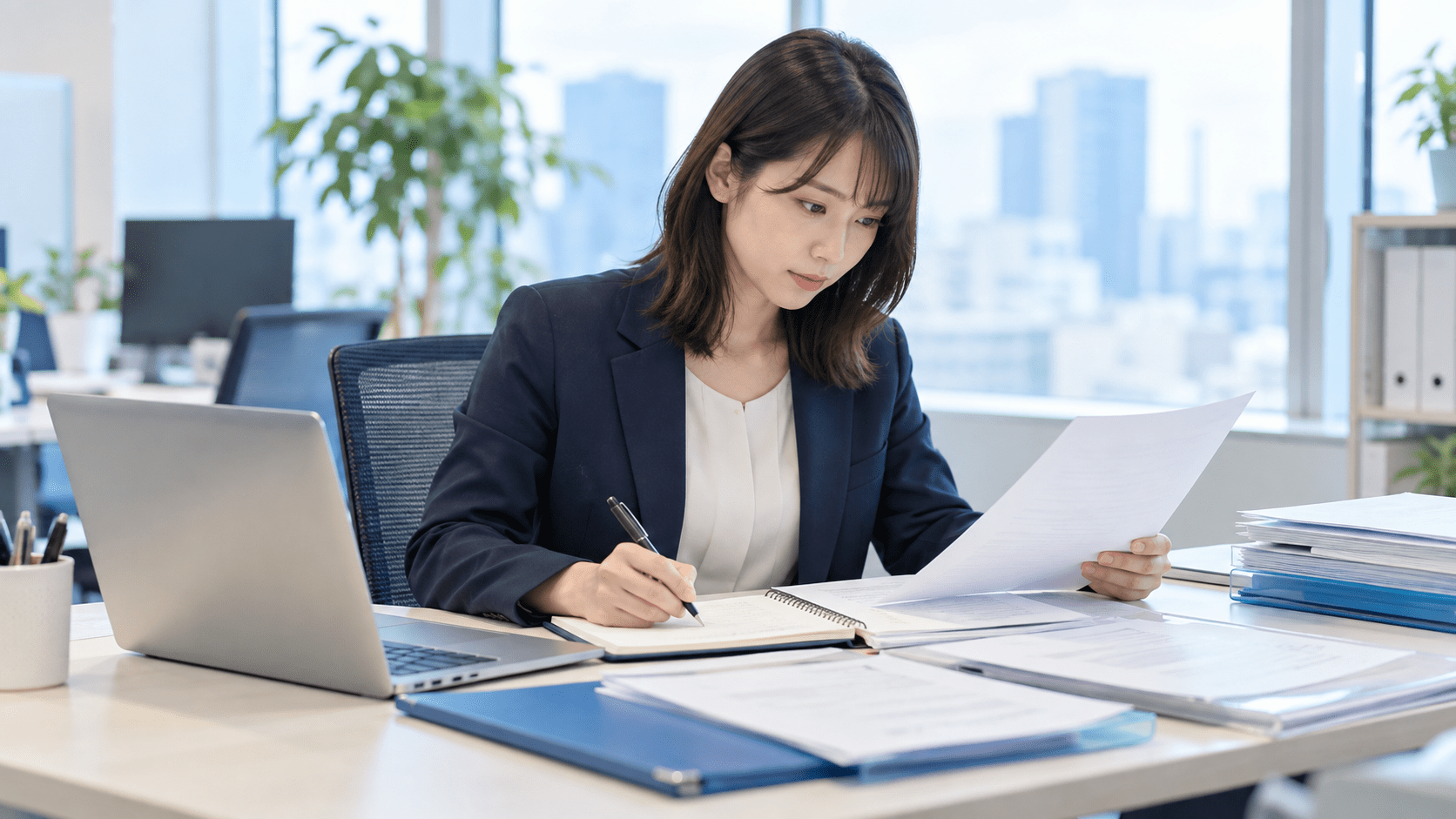 入社後のフォロー面談メモと関連資料を確認し対応項目を整理する人材会社担当者