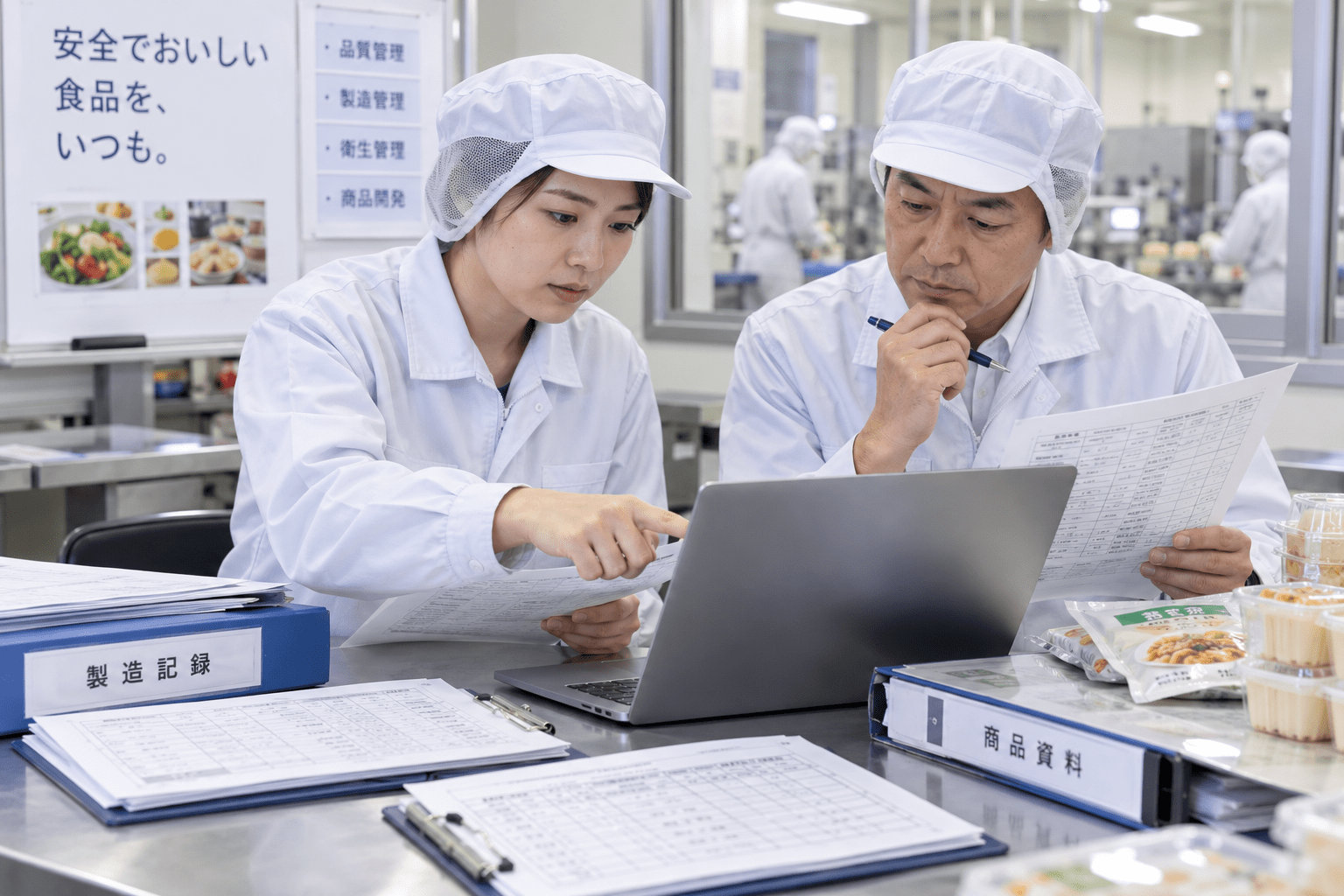 食品製造会社の担当者と責任者が生成AIで整理した内容を元の製造記録や商品資料と照合して確認している様子