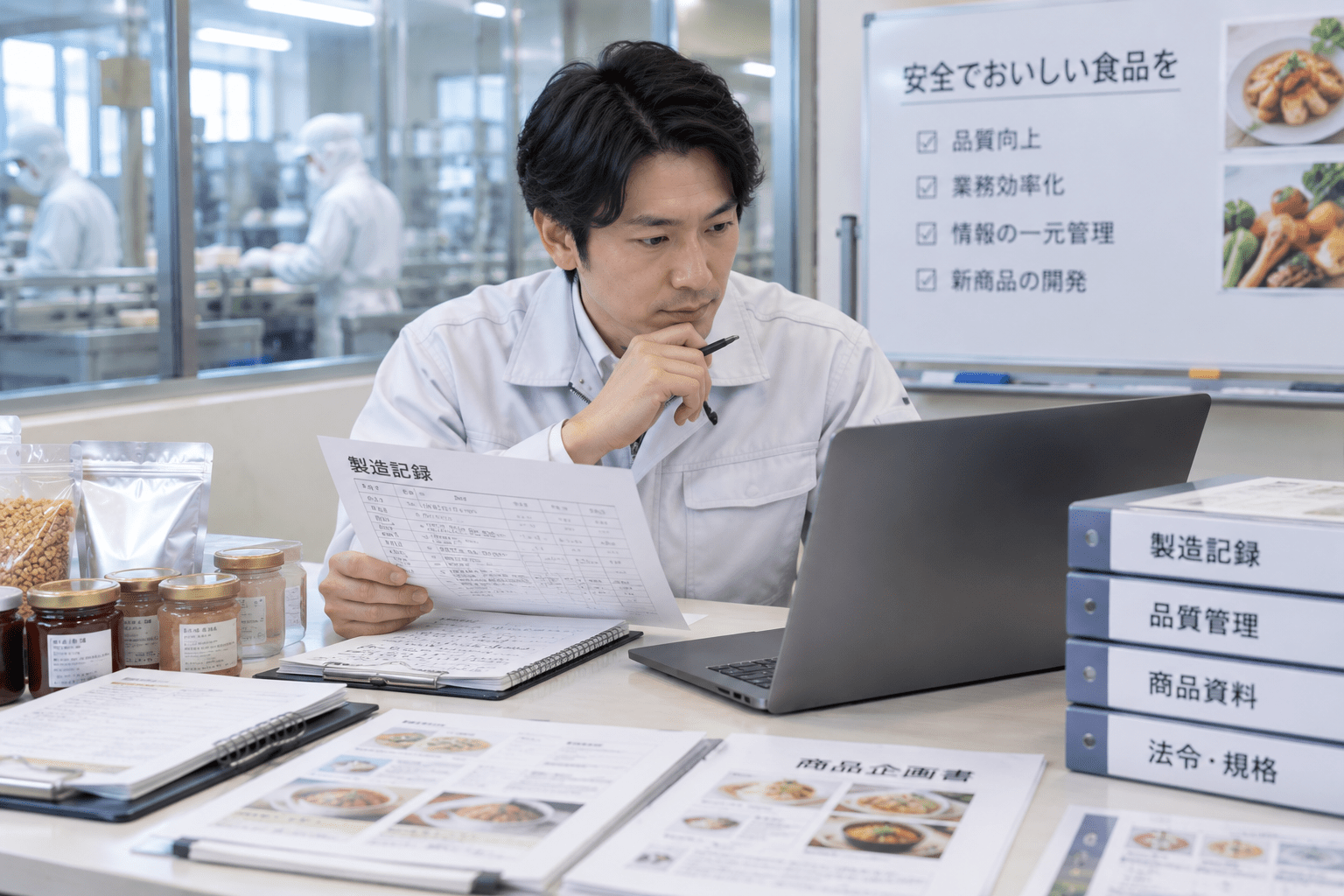 食品製造会社の担当者が製造記録と商品資料を確認しながら生成AIの活用方法を検討している様子