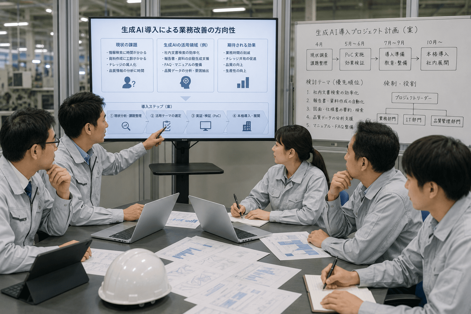 社内での生成AI導入に向けたミーティングと計画立案の様子