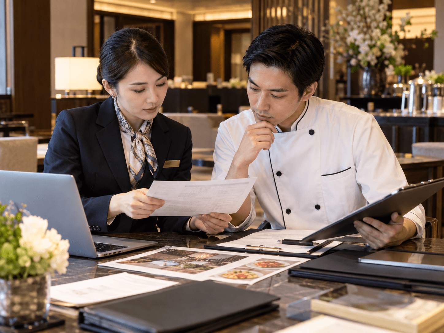 ホテルの予約担当者と料飲担当者が団体予約の要望一覧と元資料を照合している様子