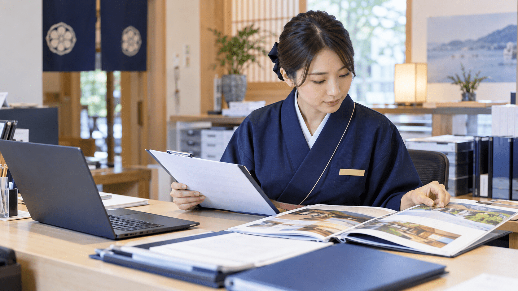 宿泊施設の担当者がAIで作成した問い合わせ返信案と最新の施設資料を照合している様子