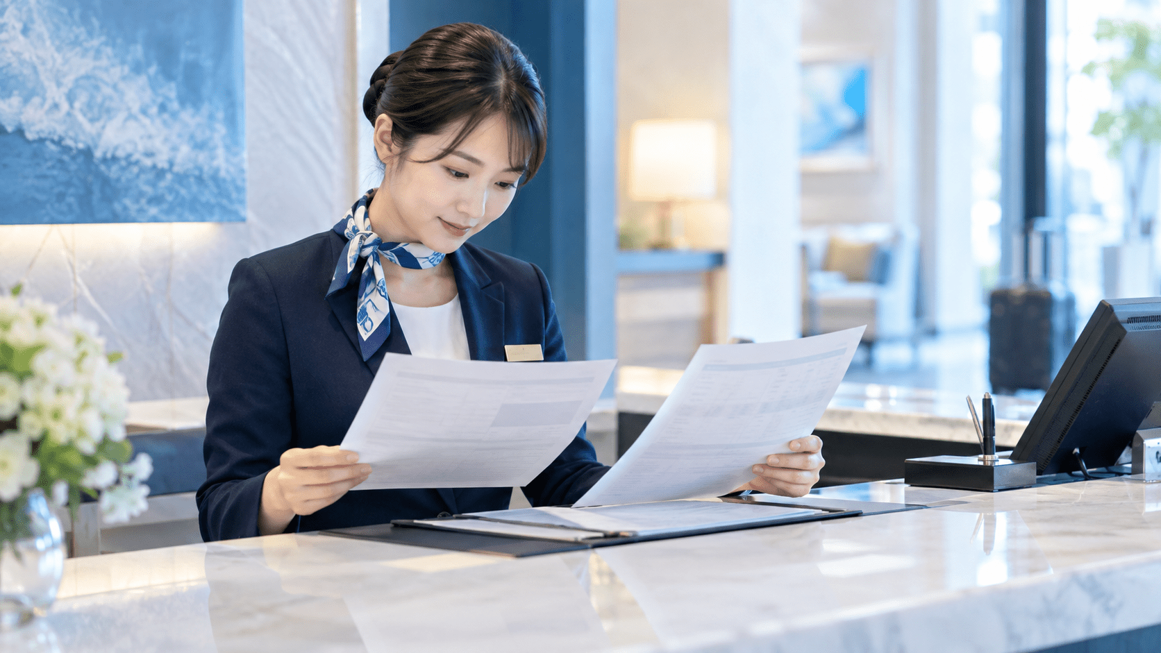 宿泊施設のフロント担当者が予約条件とチェックイン案内資料を見比べている様子