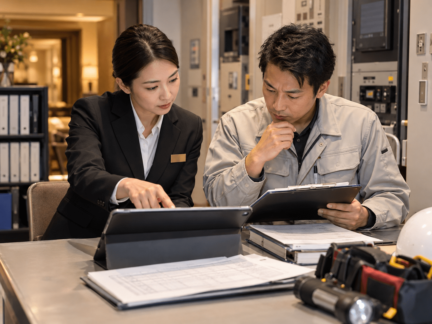 宿泊施設の責任者と設備担当者がAIで作成した不具合報告文と元の点検記録を照合する様子
