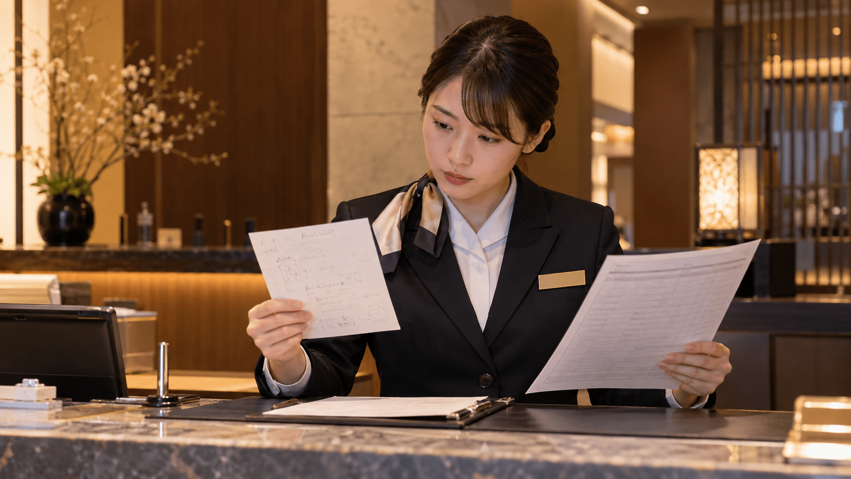 宿泊施設のフロント担当者が設備不具合の現場メモと確認記録を照合している様子