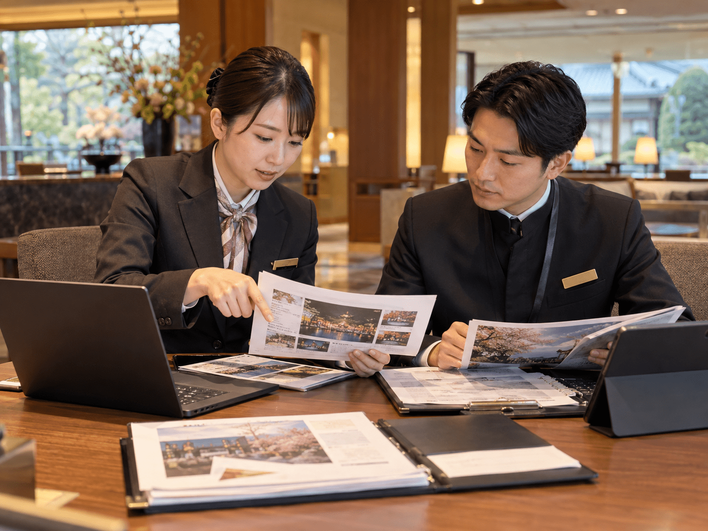 宿泊施設のスタッフ2人がAIで作成した館内イベント案内文と元の開催資料を照合している様子