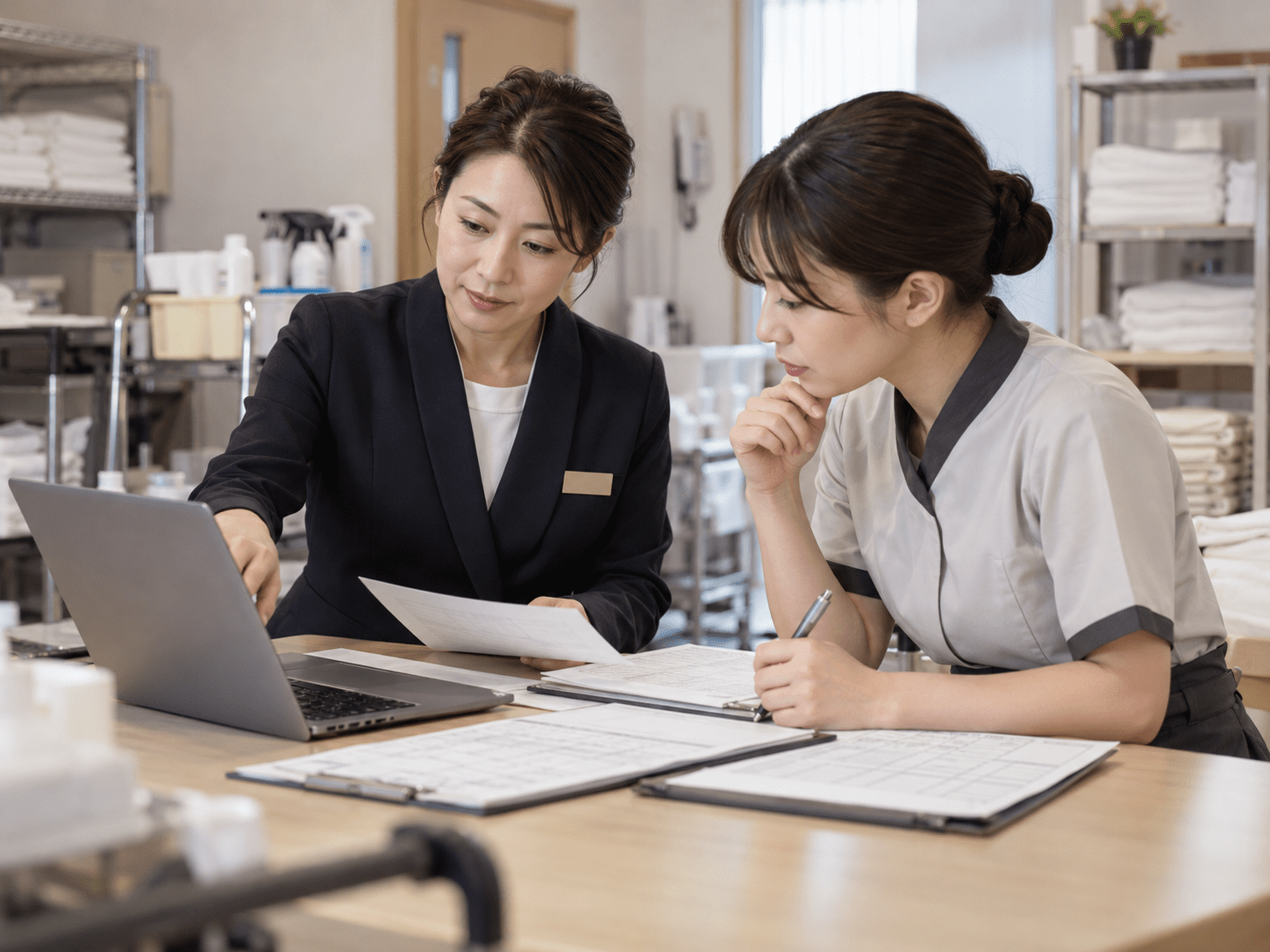 宿泊施設の清掃責任者とスタッフがAIで整理した申し送り内容を元の清掃記録と照合する様子