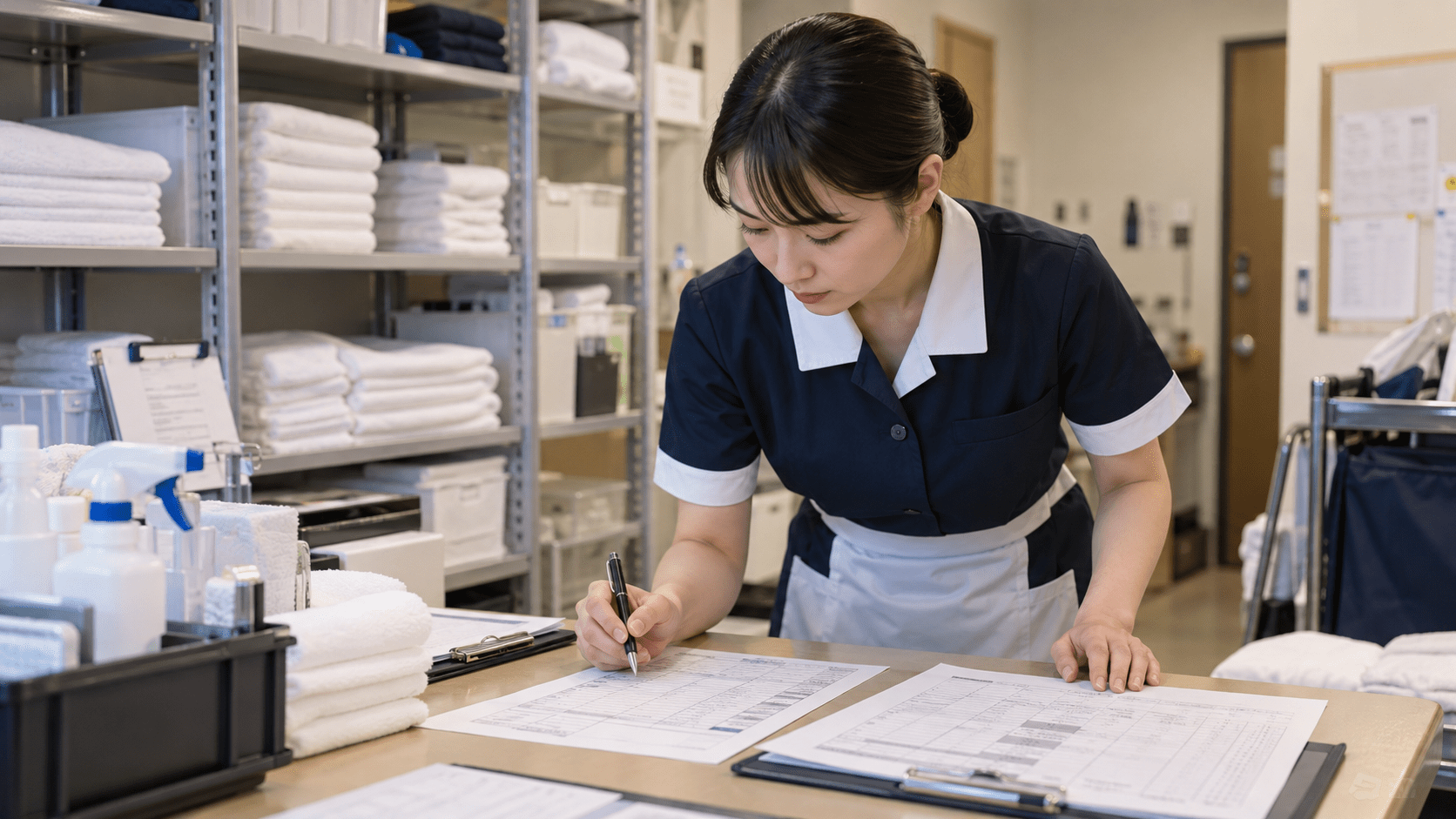 客室清掃スタッフが清掃記録と設備確認資料を並べて申し送り事項を整理している様子