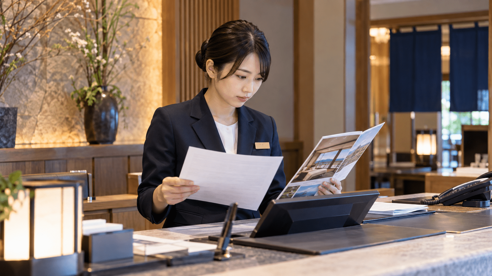 宿泊施設の担当者が予約前の質問と施設案内資料を照らし合わせて確認している様子