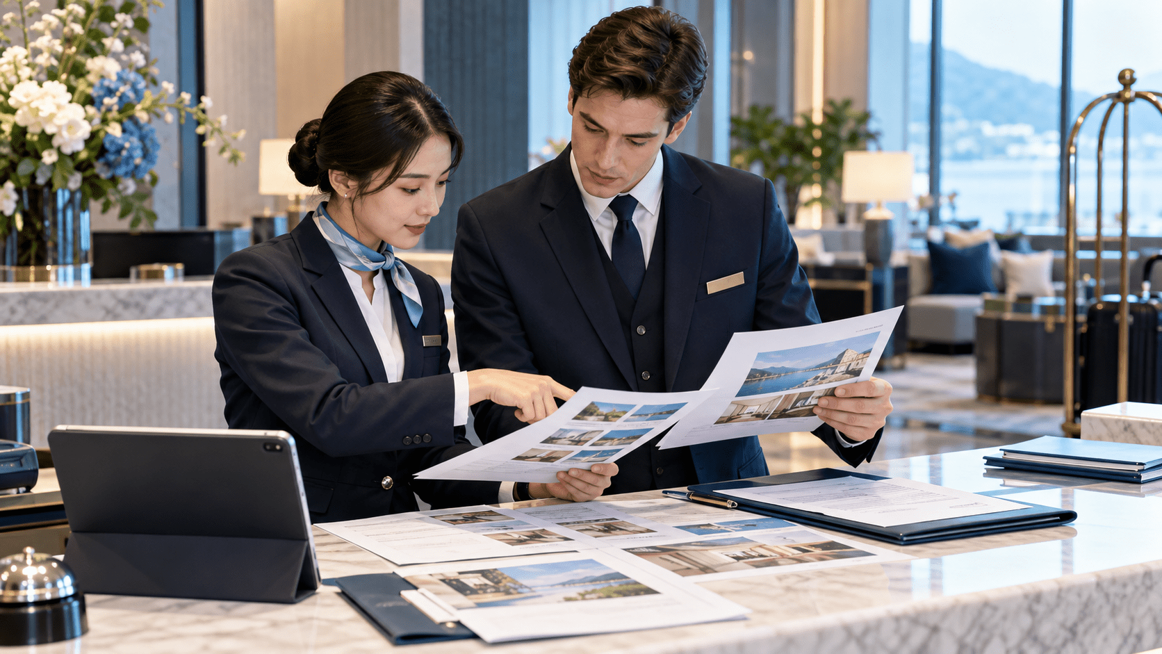 宿泊施設の担当者2人が外国語の案内文と元の資料を照合する様子