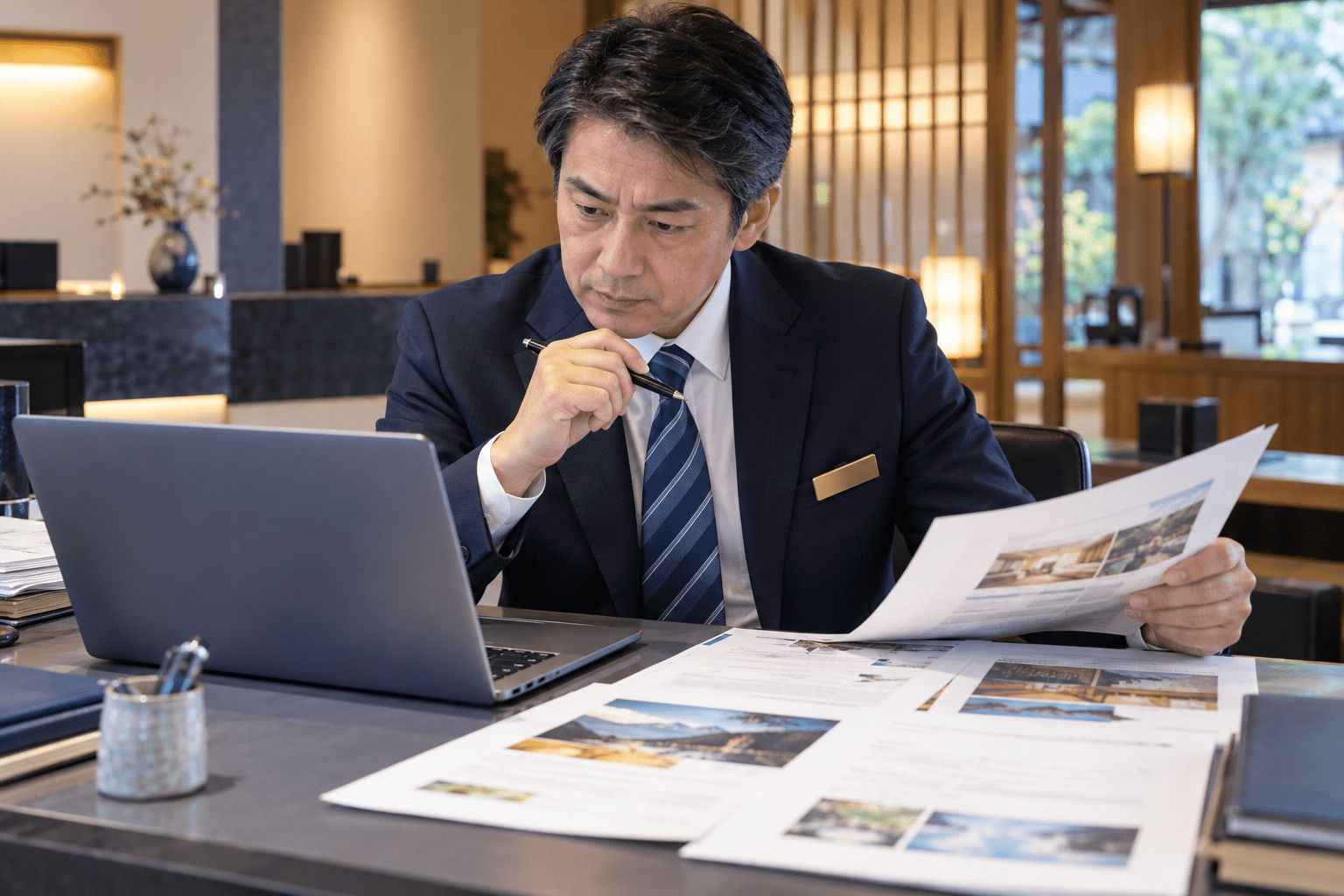 宿泊施設の責任者がAIで作成した口コミ返信文と元の口コミ資料を照合する様子