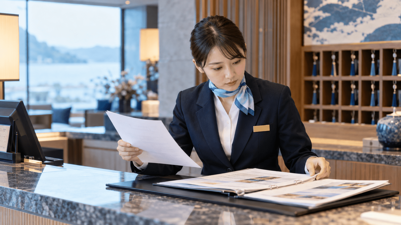 宿泊施設のフロント担当者が宿泊レビューと施設案内資料を見比べる様子