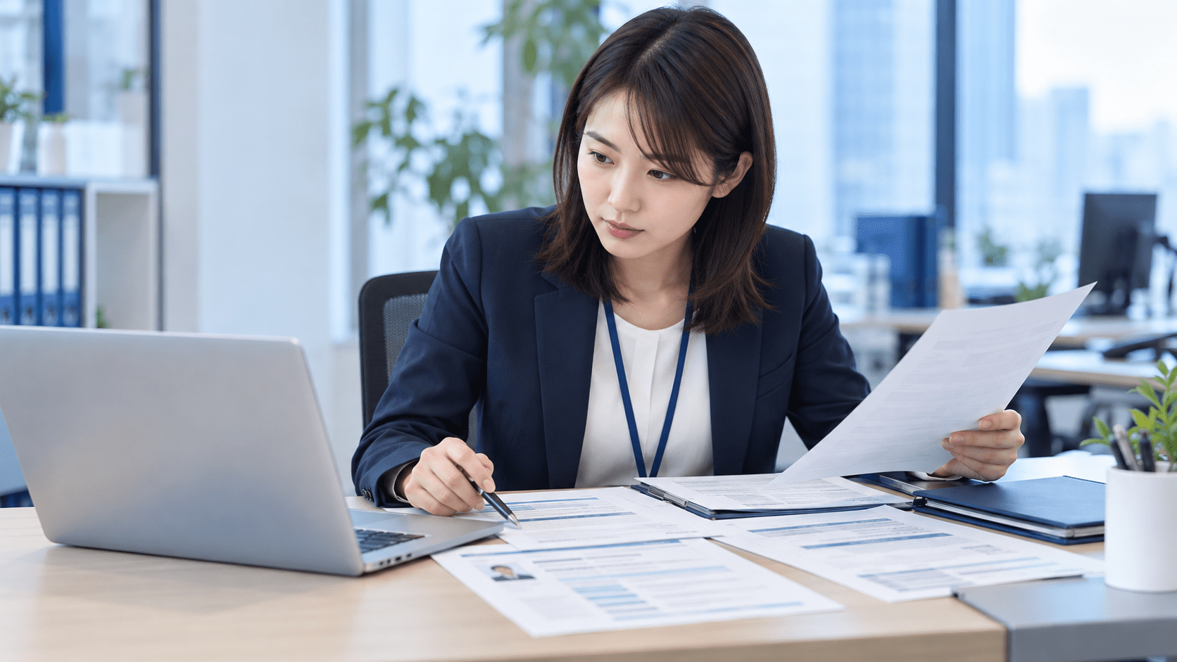 AIで作成した推薦文の下書きと候補者の元資料を照合する人材会社の担当者