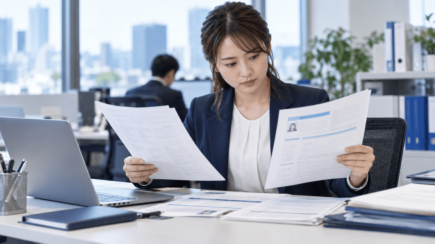 AIで整えた候補者紹介資料と元の職務経歴資料を照合する人材会社担当者