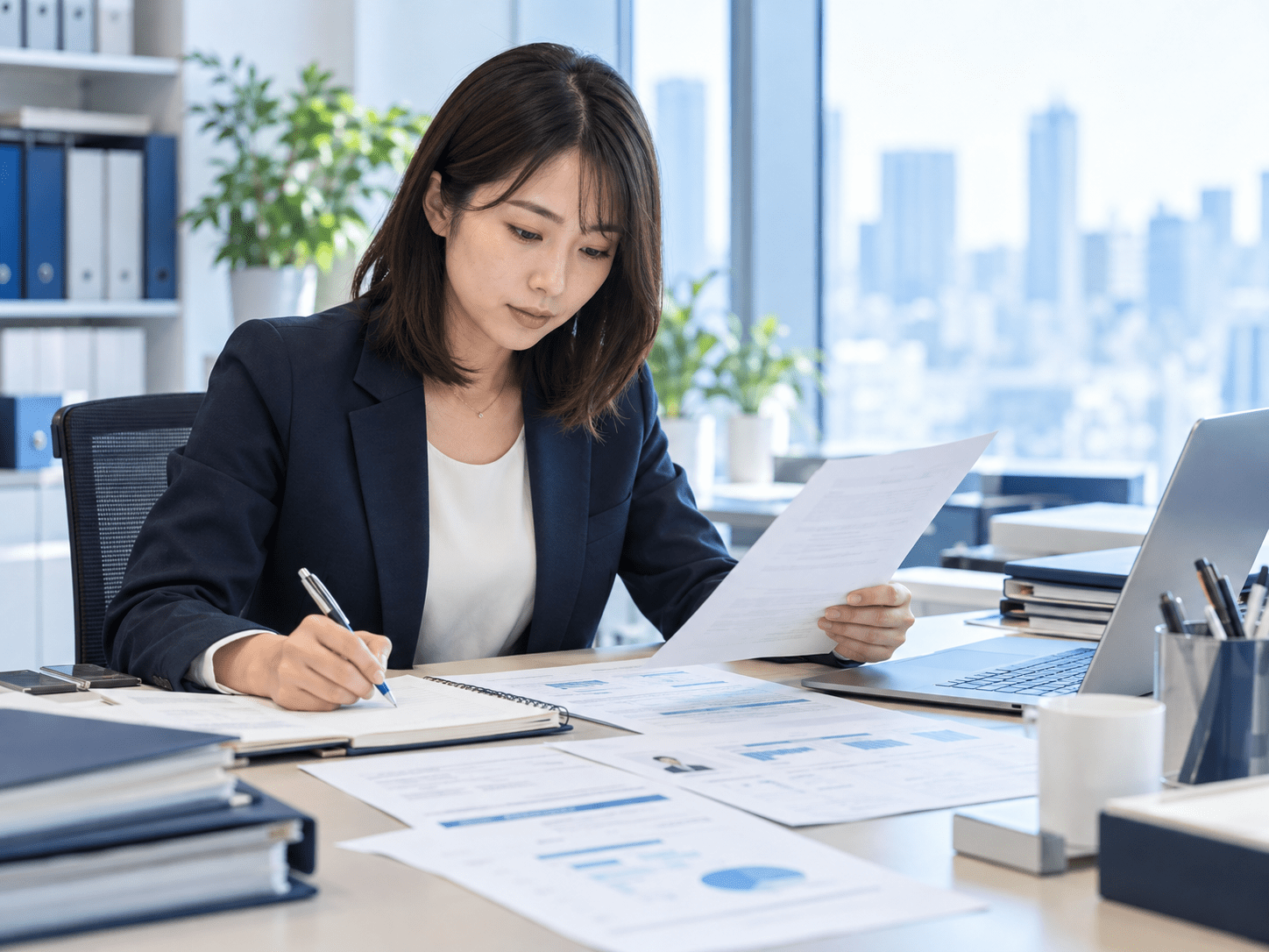 職務経歴書と面談メモを確認し候補者紹介資料に必要な情報を整理する人材会社担当者