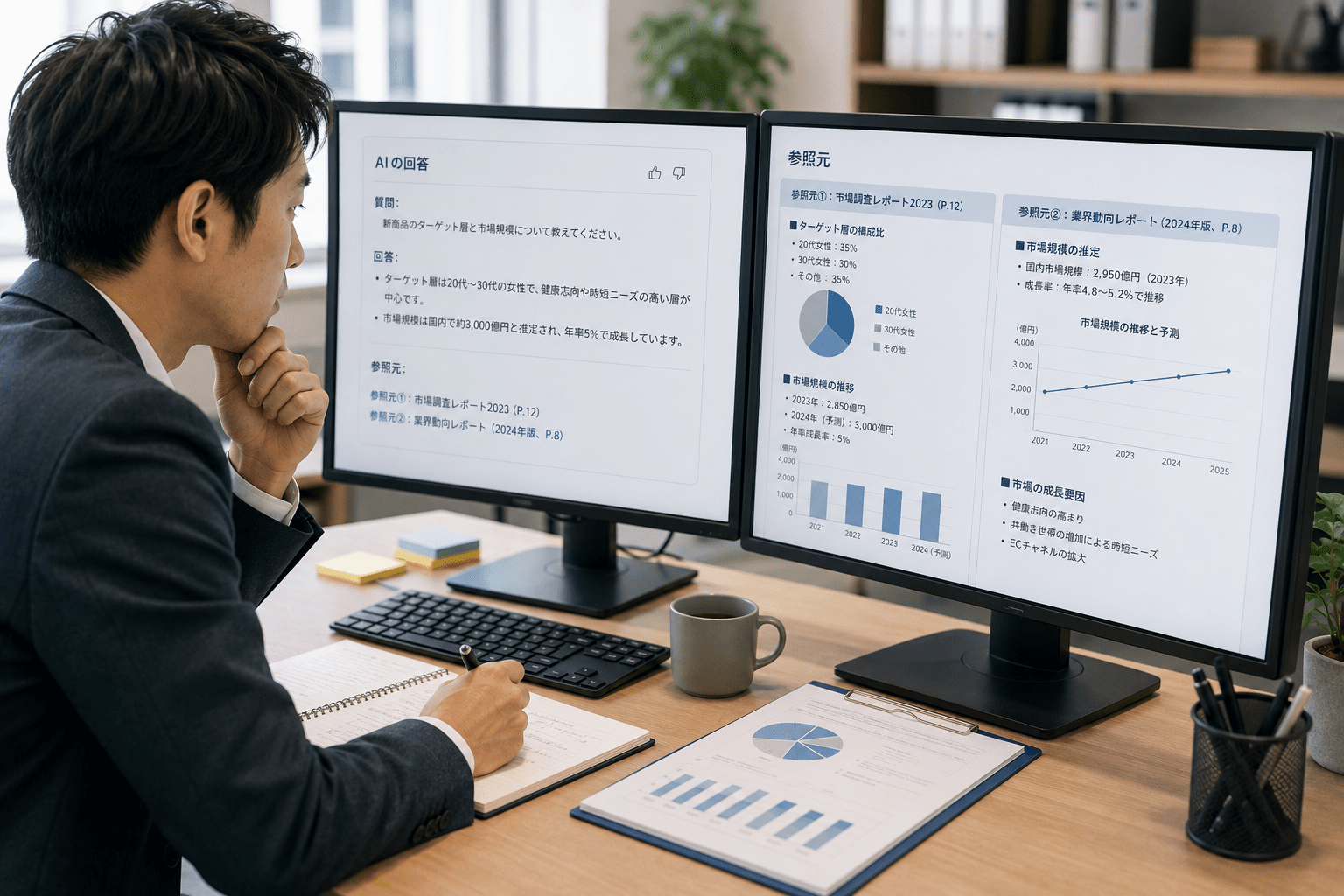 AIの回答と参照元資料を併せて確認する担当者
