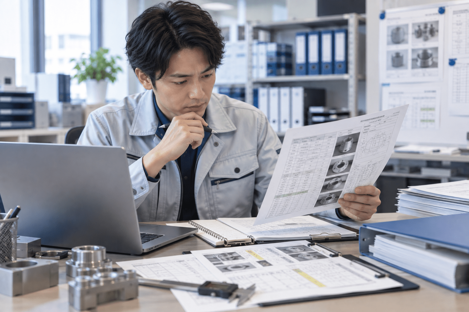 検査記録とパソコンを確認しながら不良内容の集計条件を整理する品質管理担当者