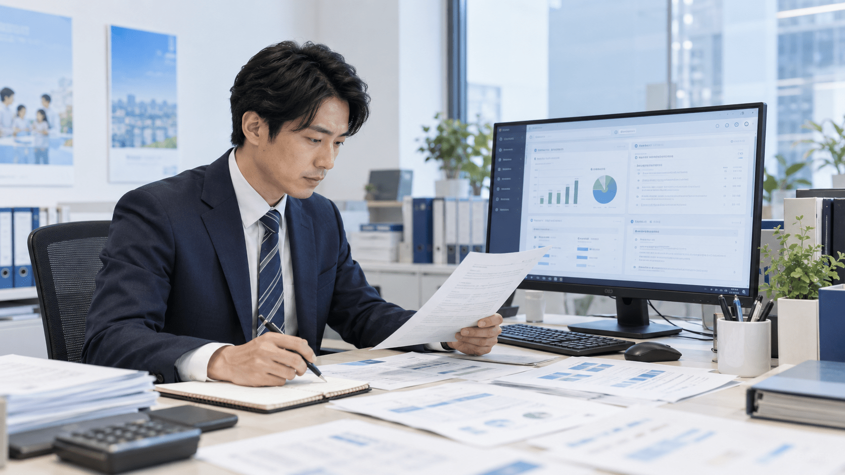 保険代理店の担当者が面談メモや業務資料を確認しながら生成AIで情報を整理している様子