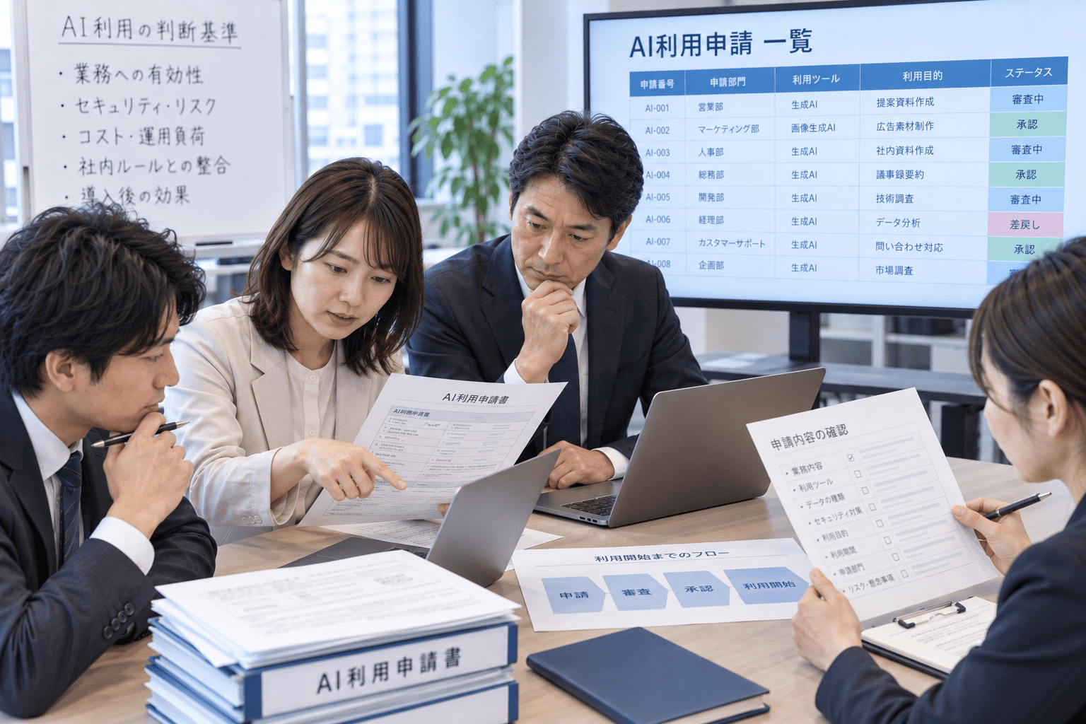 AI利用申請の内容を複数の担当者が確認し利用開始の判断を行っている様子