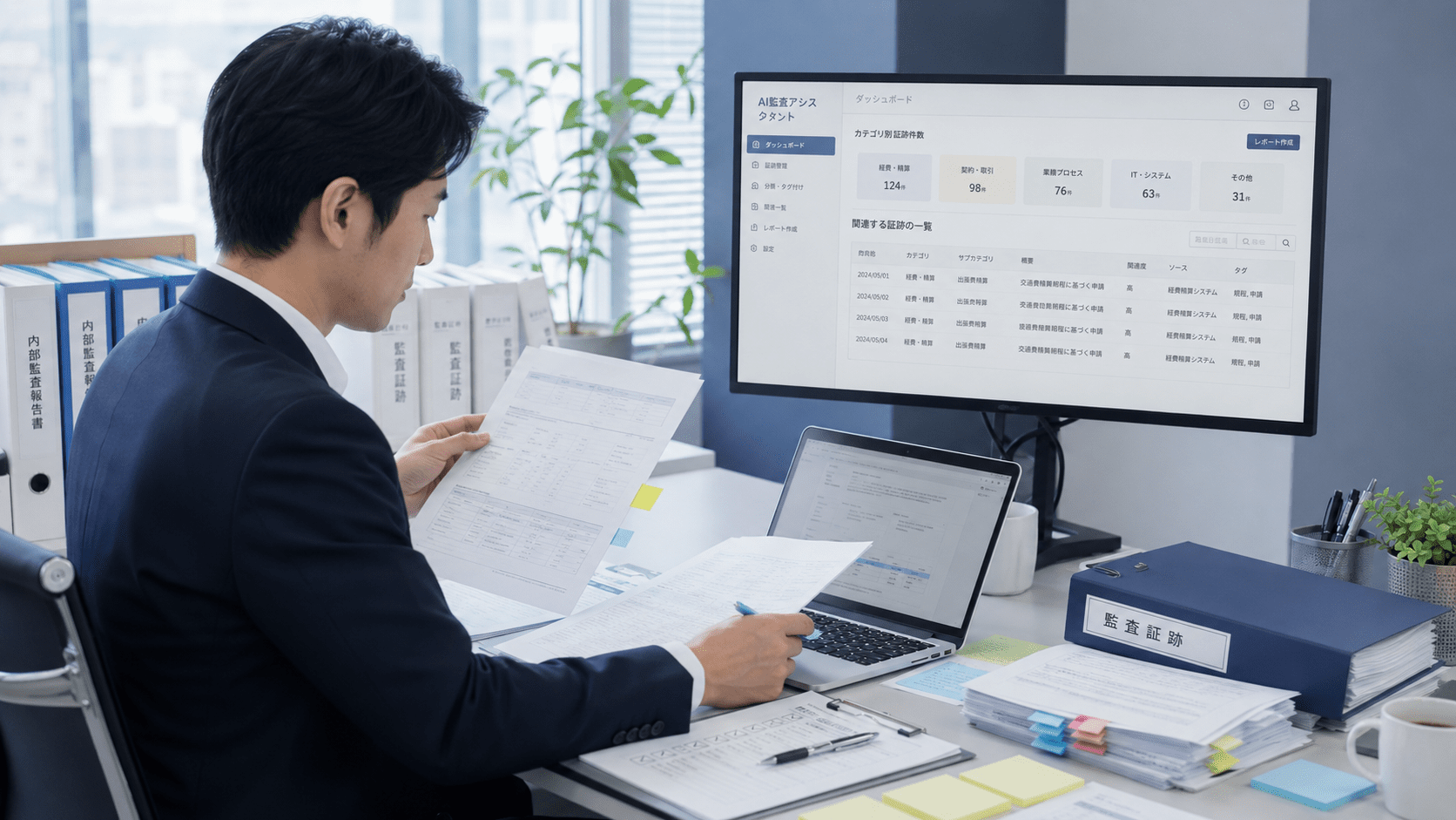 複数の証跡資料を確認しながらAIで分類と整理を進める内部監査担当者