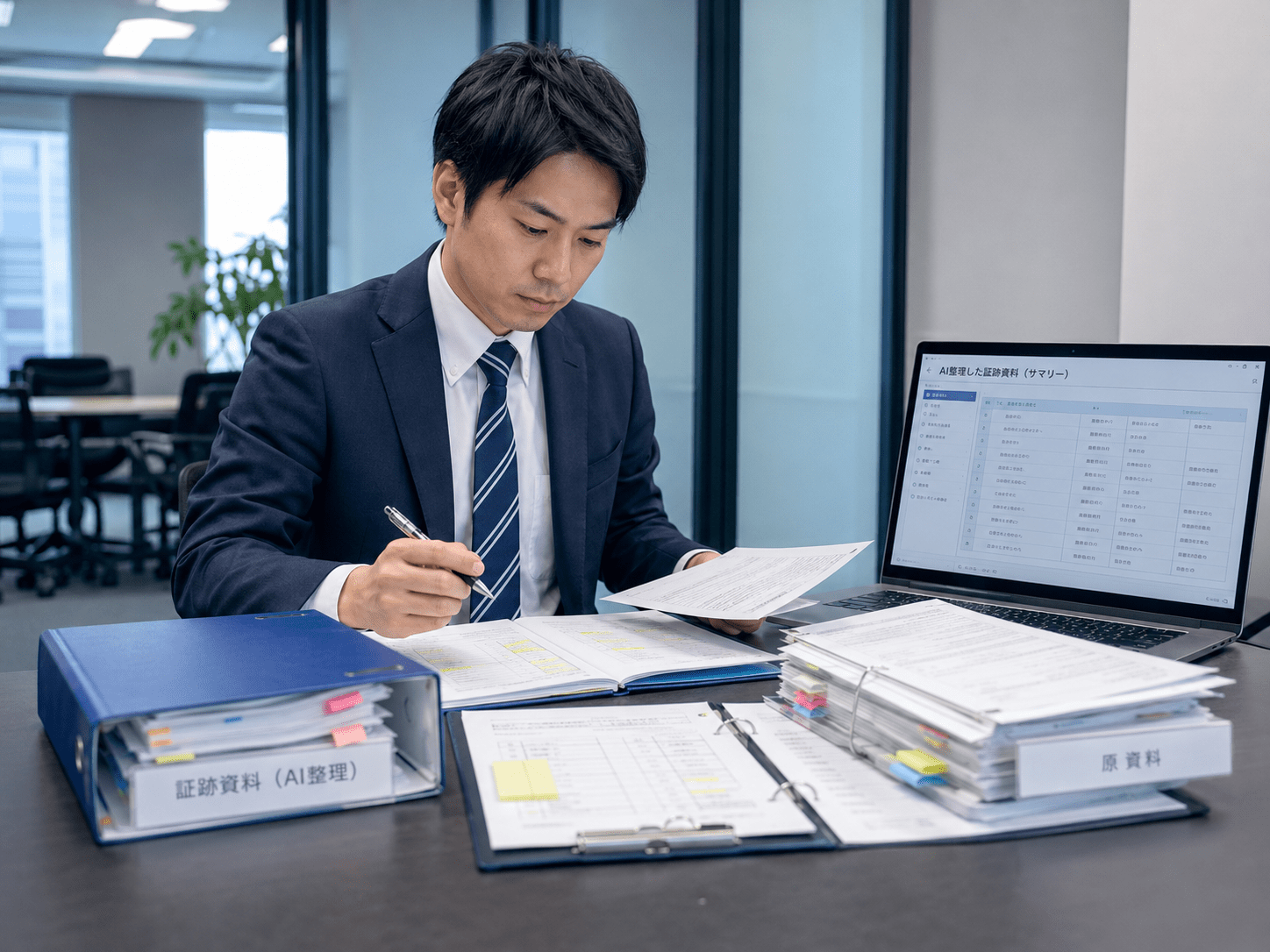 AIで整理した証跡資料を原資料と照合して確認する内部監査担当者